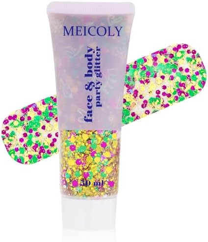 MEICOLY Mardi Gras Brazil Face Glitter Gel, Holographic Halloween Body Glitter, Skin-Friendly Hair Accessories for Kids & Adults, Gold Green Purple Mixed Game Day Spirit Day Hair Glitter by MEICOLY