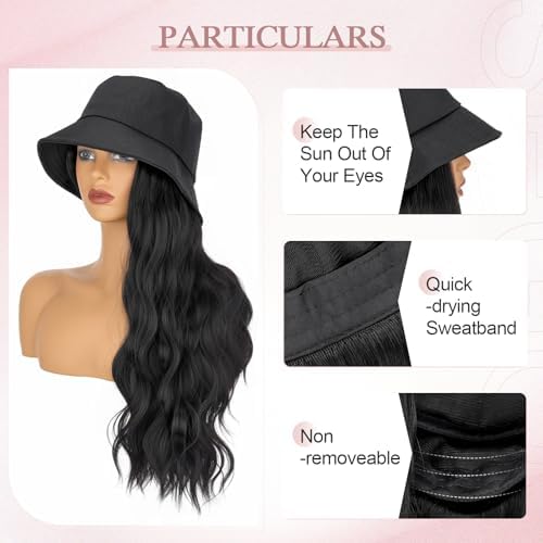 SEGO Cap with Hair Attached for Women Bucket Hat Wig Long Natural Wavy Hair Extensions With Hat Heat Resistant Synthetic Fiber Extensions 18 Inch 1B Natural Black - Image 6
