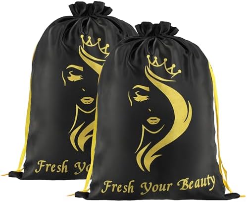2PCS Satin Storage Pouches for Multiple Hair Pieces Soft Silky Drawstring Organizers for Extensions, Bundles, Styling Tools, Business Gift Containers (Black) by AIHOPESTO