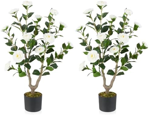 Goplus 36’’ Artificial Camellia Tree, 2 Pack Flower Plants Artificial Tree by Goplus