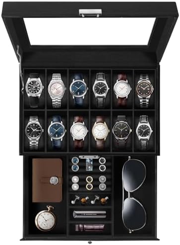 Uten 12-Slot Watch Box, 2-Layers PU Leather Watch Case with Lock by UTENHOMEGOODSCENTER