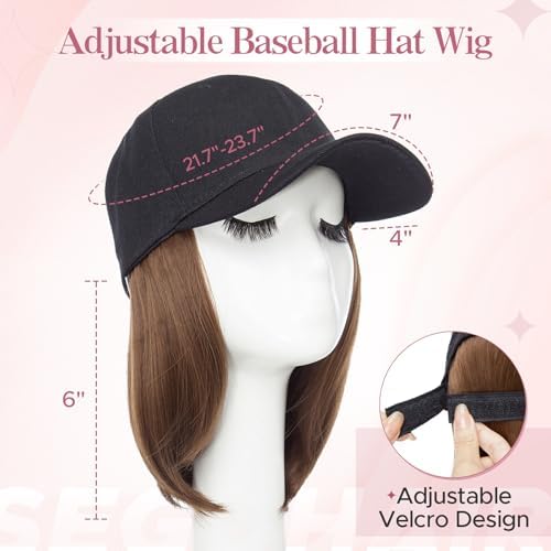 SEGO Baseball Cap with Hair Extensions for Women Heat Resistant Synthetic 6" Adjustable Short Straight Hairpiece Replacement Wigs in Black Hat for Girls 10A Light Brown - Image 3
