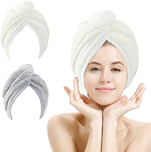 M-bestl 2 Pack Hair Towel Wrap,Absobent Hair Drying Towel with Buttons, Microfiber Hair Towel Wrap to Dry Hair Quickly (Beige&Gray) by awesomeOralcareproduct