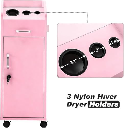 Hair Salon Storage Cart with Locable Wheels & 3 Hair Dryer Holders & 4 Drawers & Lock & 2 Keys, Rolling Salon Cart for Hair Stylist, Hairdresser, Beauty (Pink-) - Image 4