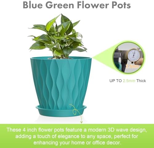 Meowell 4 inch Small Plastic Nursery Pots, 5 Pack Water Ripples Flower Pots for Indoor Plants, Plant Pots with Drainage Holes and Saucers, Seedling Starter Planters for House Plants, Blue Green - Image 3