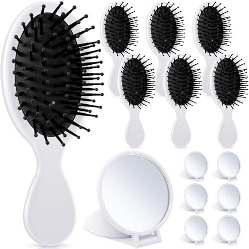 Meanplan 12 Pcs Mini Hair Brush Set Travel Wet Dry Hair Combs Pocket Detangling Compact Folding Makeup Mirrors for Spa Sleepover Birthday Bridal Shower Bachelorette Christmas Party Gift(White) by Meanplan