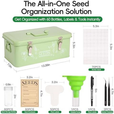 60 Slots Seed Organizer Storage Box with 3 Compartments,Large Metal Garden Seed Organizer with Lid&Safety Locks,Seed Saver Bin 50 Plant Labels 60 Seed Envelopes,Professional All-In-One Seed Saving Kit - Image 4