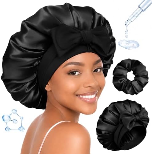BONNET QUEEN Silk Bonnet for Sleeping Women HYALURONIC Acid Double Layer Satin Lined Bonnet Night Sleep Cap Wrap for Curly Hair with Adjustable Tie Band & Scrunchie, Black by BonnetQueen