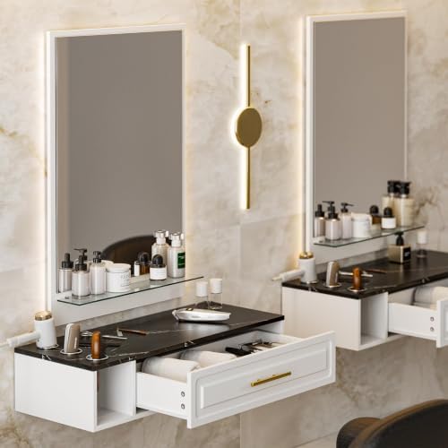 Wall Mount Barber Station with Mirror, Mounted Salon Station Styling Station w/Drawer, Dryer Holders & Glass Shelf, Beauty Barber Spa Equipment for Hair Stylist(White-New) by Belandi