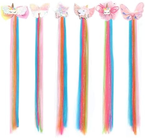 6 Pcs Hair Accessories for Girls, Bows for Girls, Unicorn Hair Clips with Colorful Ombre Hair Extensions by JIUSERLU