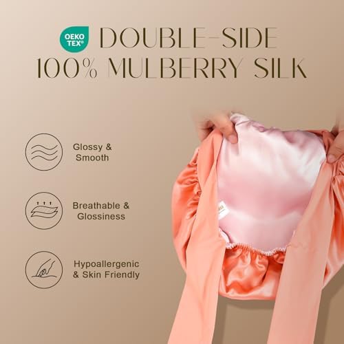 ZIMASILK 100% Mulberry Silk Bonnet for Sleeping Women Long Hair, Coral - Image 2