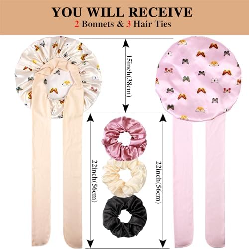 2+3 Large Satin Bonnets with Scrunchies for Women, Hair Bonnet Sleeping Tie Bonnet for Braids Curly Hair - Image 2
