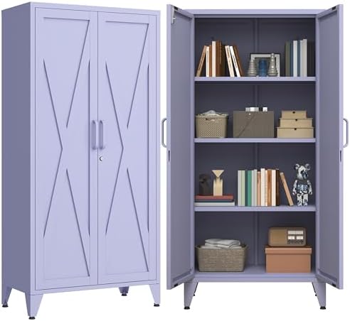 61" H Tall Lockable Steel Storage Cabinet with 2 Doors and 3 Adjustable Shelves,4-Tier Freestanding Metal Locker for Home,Office,Living Room,Gym,Purple 27.6" W x 13.8" D by HOME