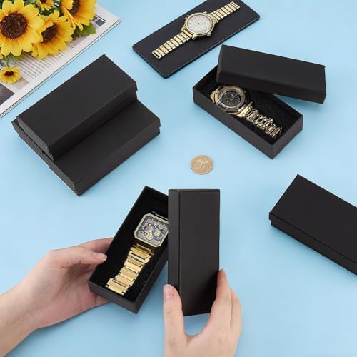 PH PandaHall 10pcs Paper Watch Storage Box,5.2"x2.3"x1.3" Black Cardboard Single Watch Gift Box with Sponge Striped Textured Watch Display Holder for Watch Bracelet Jewelry Display Packing - Image 3