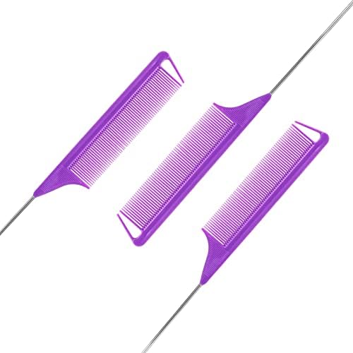 Rat Tail Steel Pin Teasing Combs Set: 3 Pack Hair Styling Combs for Parting and Teasing All Hair Types (Purple) - Image 3