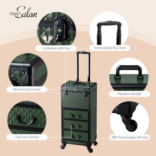 OmySalon Rolling Makeup Train Case with 3 Drawers, Cosmetology Case on Wheels w/Pull Handle and Removable Wheels, Large Cosmetic Organizer Storage Box for Nail Tech, Makeup Artist(Dark Green) - Image 4