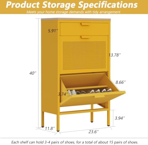 Slim Freestanding Hallway Shoe Cabinet, Metal Narrow Shoe Storage with 2 Flip Doors and Closed Drawer, Ventilated Shoe Organizer for Small Spaces, Entryway, Living Room,Yellow 40"H X 23.6"W X 11.8"D - Image 2