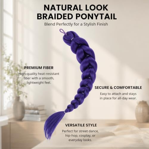 Purple Ponytail Extension Set, 34-Inch Hairpiece with Clips and Storage Bag - Image 6
