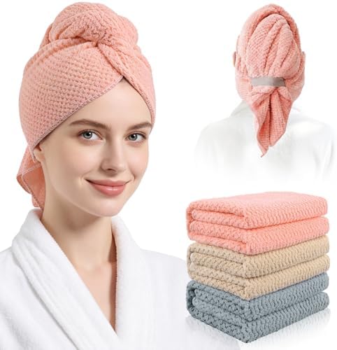 3 Pack Microfiber Hair Drying Towels for Women, Super Absorbent Microfiber Hair Towel for Curly Hair, Hair Drying Towel Wrap for Hair Care with Elastic Strap by Unknown