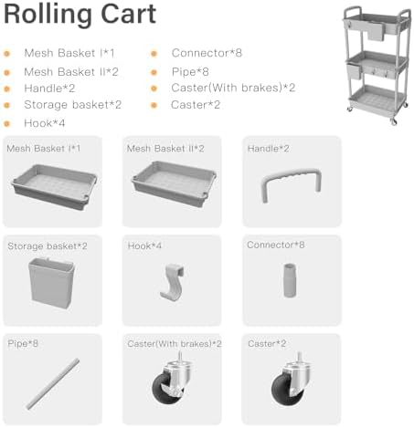3 Tier Rolling Utility Cart with Handle,REBECAT Utility Cart Made of Multifunctional Storage Organizer Tool for Kitchen,Bathroom,Living Room,Office(Gray) - Image 4