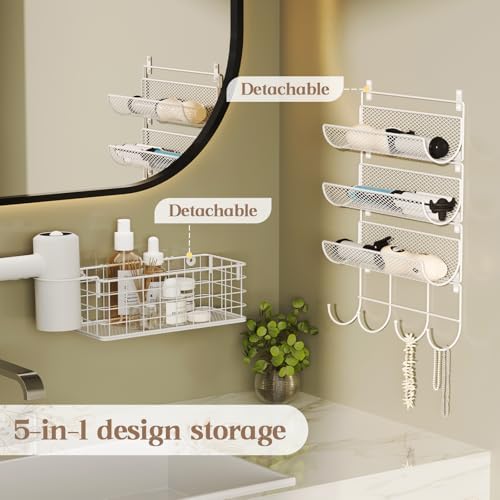 Wall-Mounted Hair Dryer Holder Styling Tool Organizer 4-Shelf Storage Wire Basket with Hook Heat Safe Rack for Hair-Straighteners,Curling Wands,Flat Iron,Cabinet Door Bathroom Kitchen White - Image 5