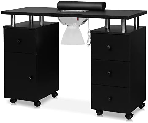 OmySalon Manicure Table Nail Desk for Nail Tech, Nail Table Station w/Electric Dust Collector, Nail Makeup Beauty Salon Storage Acetone Resistant w/Lockable Wheels,Wrist Cushion,4 Drawers&Cabinet by OmySalon