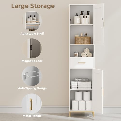 Homhedy 67" H Bathroom Storage Cabinet, Tall Bathroom Cabinet, White - Image 4