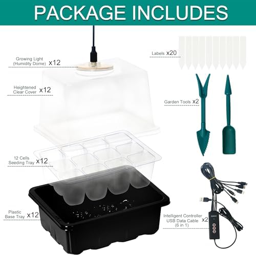 12-Set Seed Starter Tray with Grow Light, Seed Starting Trays Kits with Timing Controller Adjustable Humidity Domes Heightened Lids(12-Cells Per Tray) - Image 2