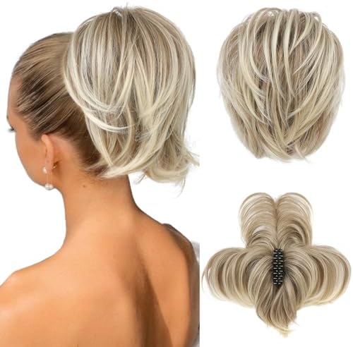 HOOJIH Messy Bun Hair Piece, Claw Clip in Straight Hair Bun 9 Inch Short Ponytail Extension with Bendable Metal Wire Hair Pieces for Women Fake Pony DIY Styles - Light Ash Brown with Blonde mixed by HOOJIH