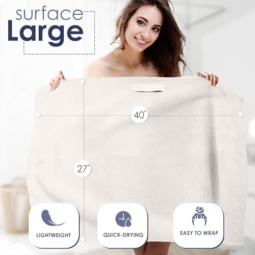 SimpleField Large Microfiber Hair Towel Wrap (27x40 Inches) for Women, Anti-Frizz Flat Rectangle Drying Towel with Full Hair Coverage Design, Elastic Band for Long, Curly and Thick Hair (Beige) - Image 2