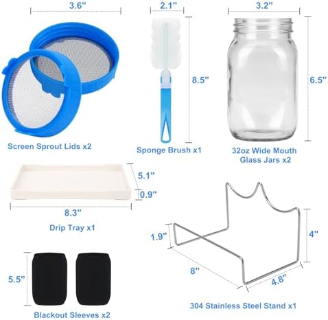 Lulonpon Sprouting Kit, 2 Sprouting Jar Kits, Wide Mouth Quart Mason Jars with Stainless Steel Screen Sprout Lids,1000ml Sprouts Growing Kit, Seed Sprouter Set for Growing Broccoli, Bean, Alfalfa - Image 3