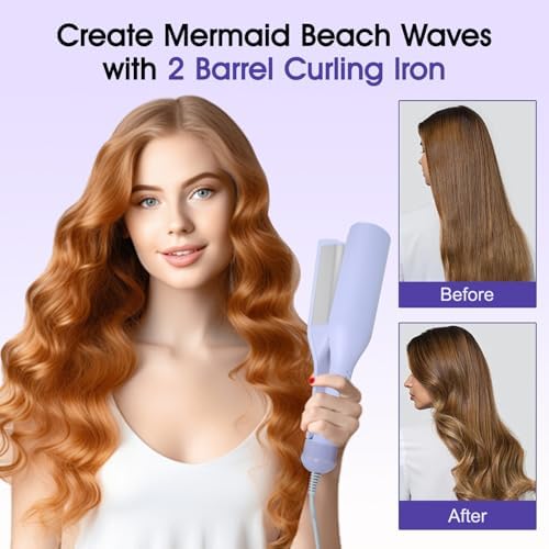 Beach Wave Curling Iron Deep Waver Hair Tool, Mermaid Hair Waver for Women Crimper, Anti-Scald, Dual Voltage, 1.4 Inch Ceramic Double Barrel Wavy Curling Iron, Purple - Image 3