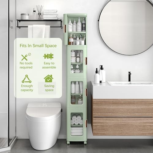 VECELO 4-Tier Narrow Storage Cabinet with Wheels, Light Green - Image 2