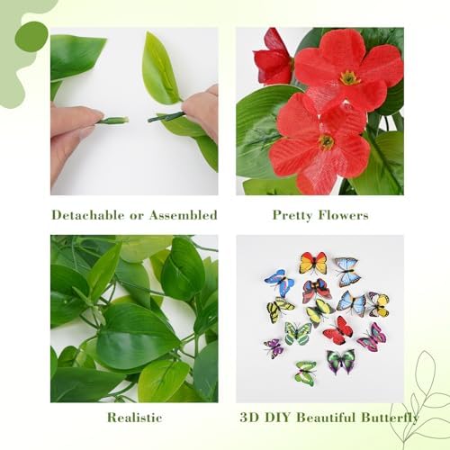 BLEUM CADE Artificial Hanging Flowers for Outdoors, 2pcs Fake Hanging Plants Pothos Vines with Red Flowers for Wall Home Living Room Indoor Outdoor Decor (No Baskets) - Image 7