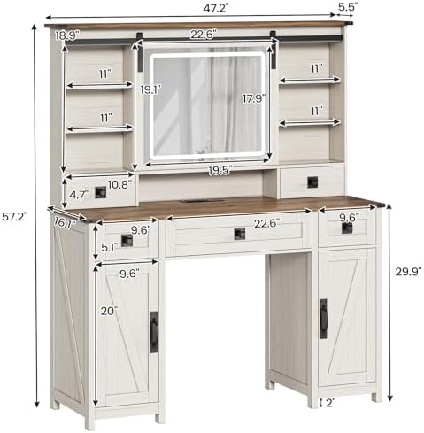 AOGLLATI Farmhouse Makeup Vanity Desk with Lights & Charging Station,Vanity Desk with Mirror and Lights, 47.2” Large Brown Vanity Table with Ample Storage Space and Sliding Mirror (Antique White) - Image 2