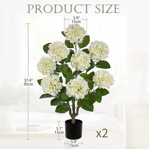 3FT White Hydrangea Artificial Flowers Tree 2 Pack Large Real Touch Faux Silk Hydrangea Plants Potted Fake Flower in Black Pot for Home Indoor Outdoor Front Porch Garden Entrance Living Room Decor - Image 2