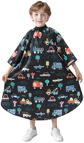 PERFEHAIR Kids Haircut Cape with Sleeves - Cute Cars Printing, Adjustable Neck Collar, Comfortable Barber Cape for Boys & Girls, Ideal for Home or Salon Use, Professional Hair Cutting Apron by PERFEHAIR
