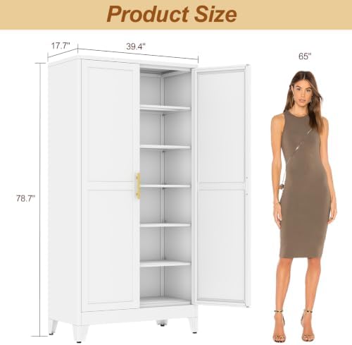 79" White Metal Storage Cabinet with 2 Doors and 5 Adjustable Shelves,Steel Garage Tool Cabinet, File Cabinet,Kitchen Pantry Cabinet for Home,Office,Garage,School,Warehouse - Image 3