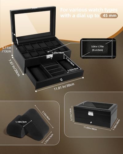 Uten 12-Slot Watch Box, 2-Layers PU Leather Watch Case with Lock - Image 6