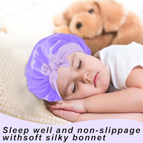 3Pcs Kids Silk Satin Bonnet for Sleeping - Baby Hair Sleep Bonnet,Kids Bonnets for Girls Toddler Child with Wide Elastic Tie Band,Night Cap Hats for Curly Natural Hair(Purple+Blue+Gold) - Image 6