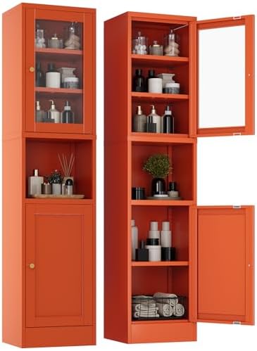 YAUWOH 2-Door Metal Storage Cabinet, Tall Slim Pantry Organizer with 3 Adjustable Shelves (120LBS/Shelf), Anti-Tipping Waterproof Cabinet for Bathroom/Kitchen/Home Office/Small Spaces,(1PC,Orange) by YAUWOHFactoryOutletsColorfulMetalFurniture