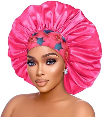 Isshin Beauty Silk Satin Bonnet Hair Cap: 2pcs 17inch Diameter Extra Large Jumbo Sleeping Satin Bonnets (Blue & HotPink) - Image 2
