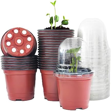 RooTrimmer Plant Nursery Pots with Humidity Domes, 25 Sets 4 Inch Soft Nursery Pots Quality Ones (25 Red Pots + 25 Clear Lids), Seeds Starter Pots Small Planter Containers by RooTrimmer