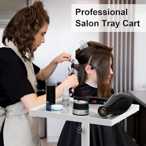 Salon Tray on Wheels, Salon Tray Cart Tattoo Tray Rolling Trolley, Hair Stylist Tray Height Adjustable, Dental Tray Hairdresser Tray Rolling Table Tray Cart (White) - Image 5