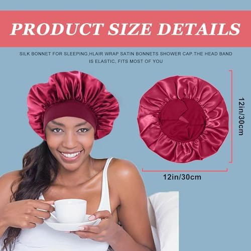 4PCS Silk Bonnet for Sleeping,Hair Wrap Satin Bonnets Shower Cap for Black Women Men, Elastic Wide Band Hair Bonnet Cap for Sleeping Curly Hair(Black & Wine Red & Purple & Brown) - Image 2