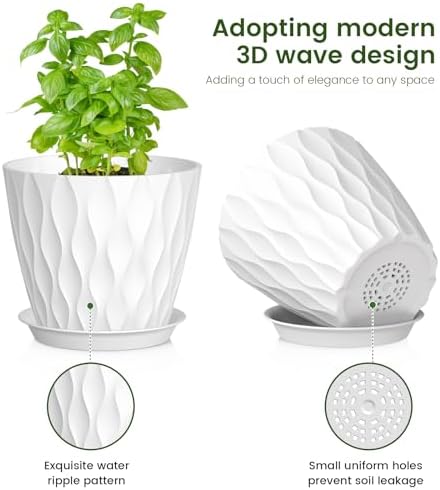 Meowell 7/6.5/6/5.5/5/4.5/4 inch Plant Pots for Indoor Outdoor Plants, 7 Pack Thick Flower Pots with Drainage Holes and Saucers, Modern Wave Texture Small Plastic Planters Nursery Pots, Multicolor - Image 3