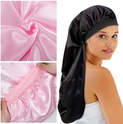 2Pcs Long Satin Bonnet Sleep Caps, Braids Bonnet, Black+Pink - Image 7