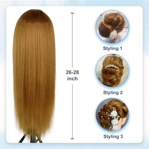 Mannequin Head Human Hair- Cosmetology Manikin Doll Head with 80% Real Hair for Hairdresser Practice Styling Braiding Training Heads & Clamp Holder (Brown) - Image 4