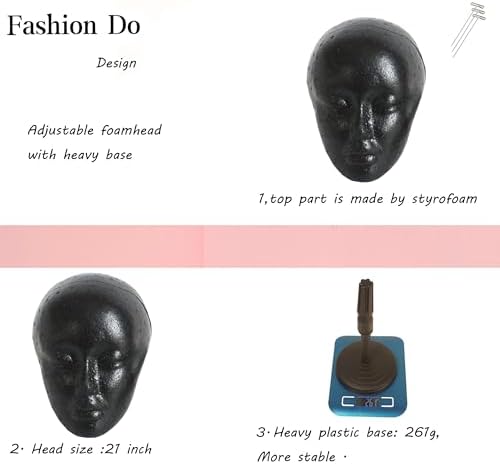 2 PACKS Adjustable wig or hat black styrofoam mannequin head holder stand (13”to 17”) (Black head 01) - Image 4