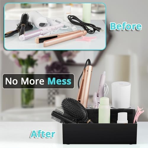 Bivvclaz Hair Tool Organizer, Wooden Hair Dryer Holder Wall Mount, Countertop Hot Tools Organizer for Hair Styling Accessories, Bathroom Supplies Vanity Caddy for Curling Wand, Blow Dryer, Black - Image 4